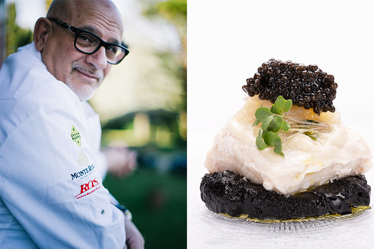 Claudio Sadler con Carpione di storione con vinaigrette di mandorle e caviale